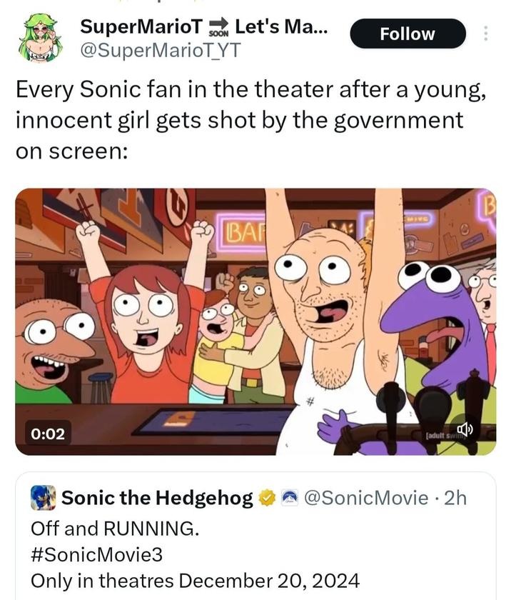 Cheerin when Maria dies in Sonic 3 meme