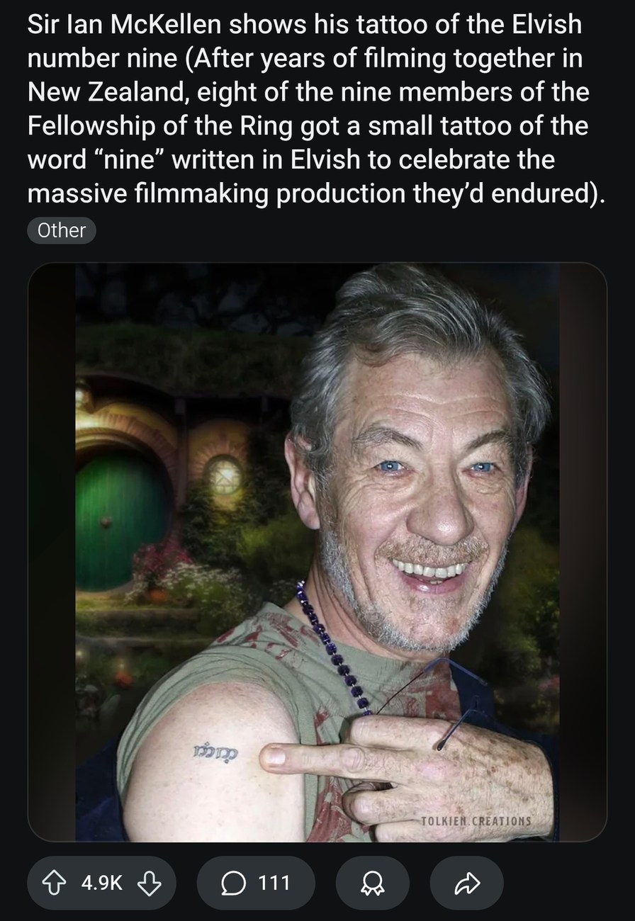 Ian McKellen got the Elvish 'nine' tattoo with the squad - meme