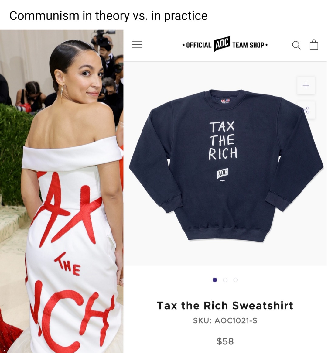 Visit her own merch shop and leave a nice comment https://shop.ocasiocortez.com/products/tax-the-rich-sweatshirt - meme