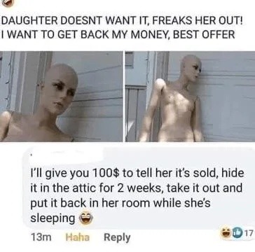 Kid doesn’t want the doll dad wants it gone I offer 100 bucks to fake its disappearance - meme