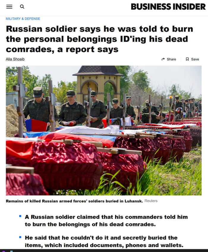 Russian soldier says he was told to burn the personal belongings ID'ing his dead comrades - meme