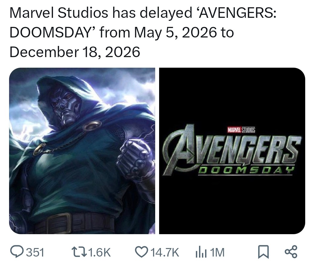 Avengers: Doomsday delayed to December 2026. We're doomed - meme