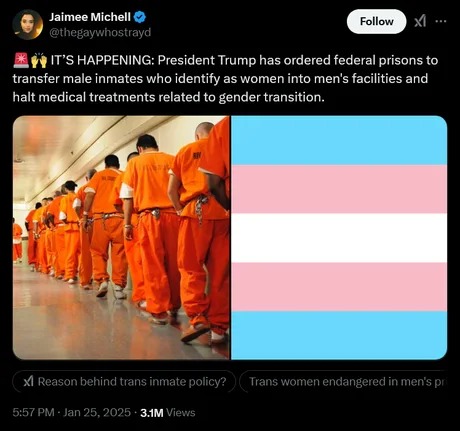 Now federal prisons have to transfer male inmates who identify as women into men's facilities - meme