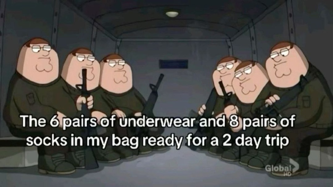 Counting undies and socks in the suitcase before the trip - meme