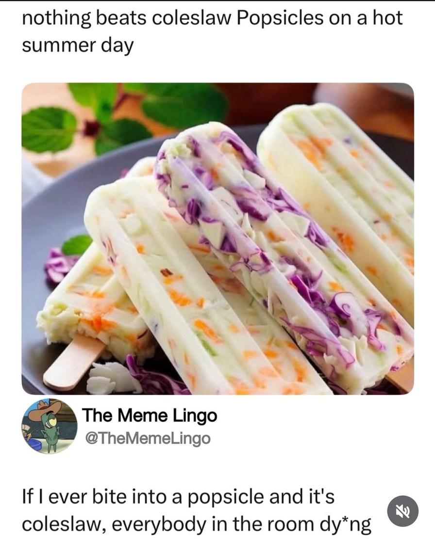 Coleslaw popsicles are a war crime - meme