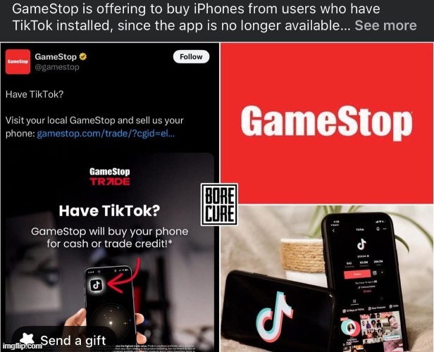 GameStop is requesting to purchase phones that have TikTok installed - meme