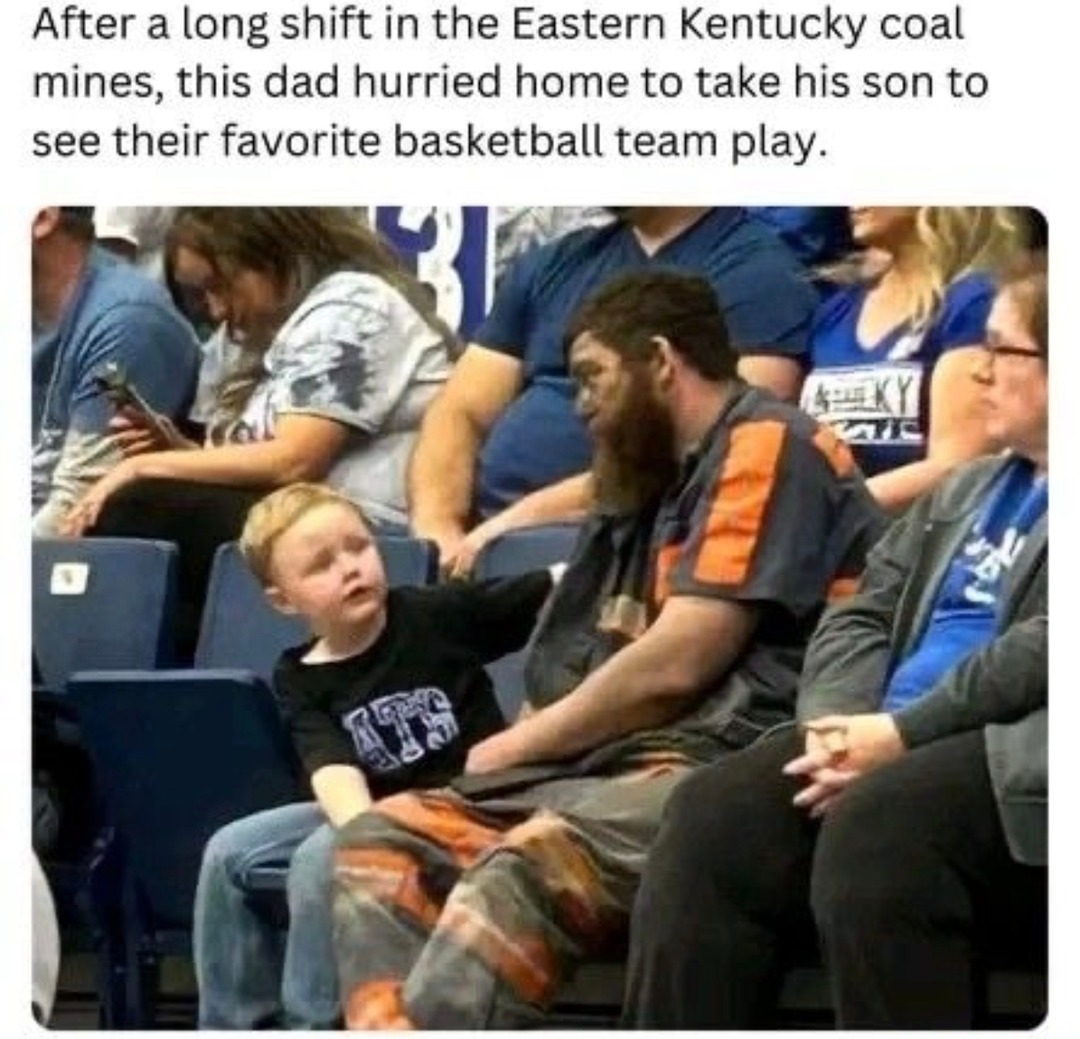 Coal mine dad rushing home for the basketball game with his kid - meme