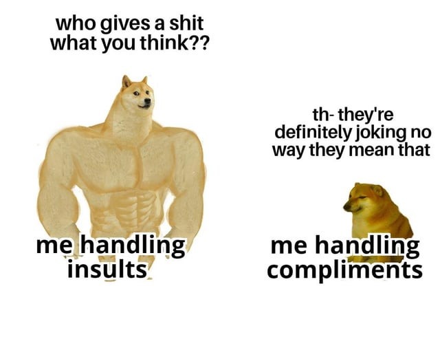 Handling insults vs handling compliments - meme
