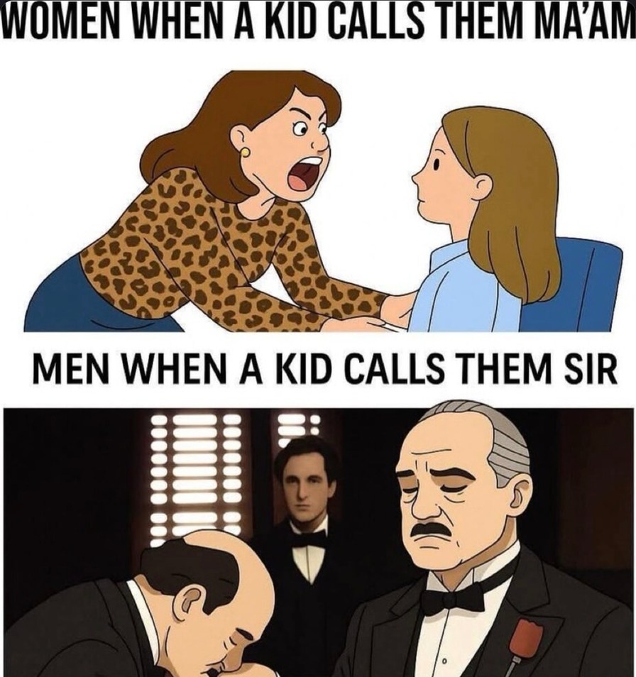 Women vs men when kids hit them with ma’am or sir - meme