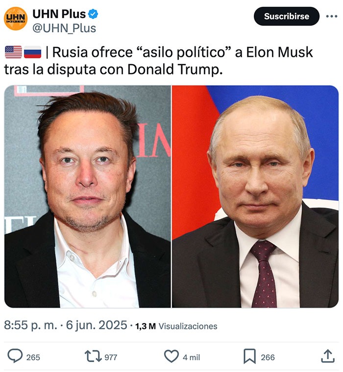 Rusia ofreciéndole asilo a Elon Musk como si fuera un youtuber baneado - meme