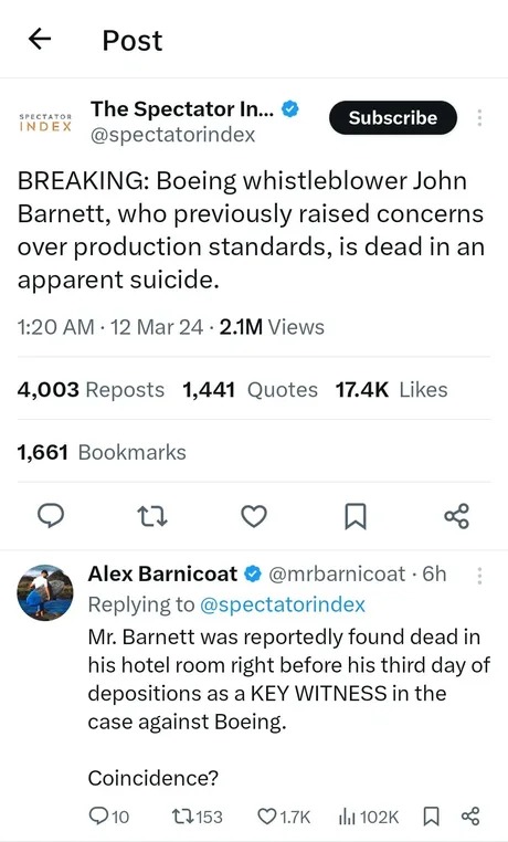 Boeing whistleblower John Barnett meme news