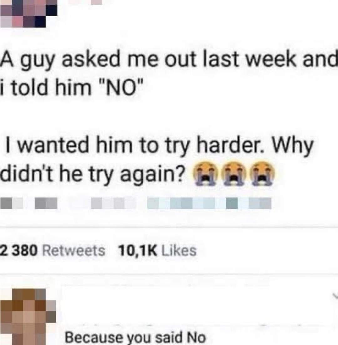 He didn’t try harder because you literally said no - meme
