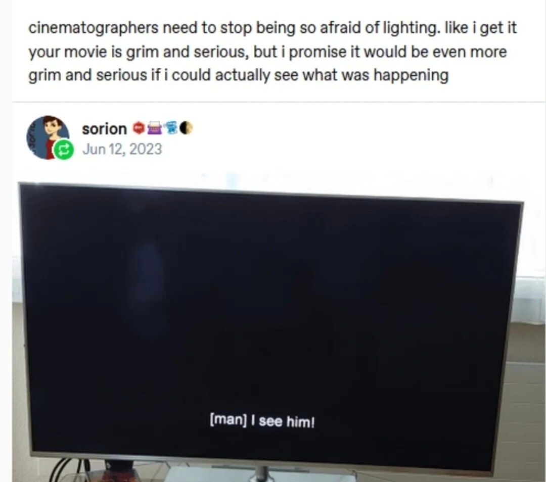 Cinematographers be like: what if... we made it pitch black - meme