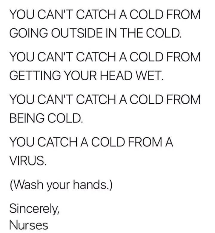Cold weather doesn't give you a cold, Karen. Viruses do - meme