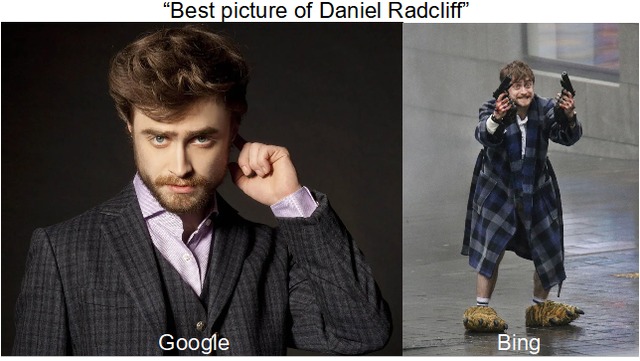 Google vs Bing: The best pic of Daniel Radcliff - meme