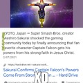 Traduccion: Sakurai, el creador de Super Smash Bros confirma que el poder de Captain Falcon viene de la fe de Jesucristo