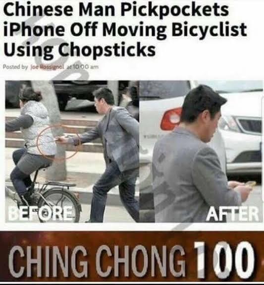 tradução: homem chinês rouba iPhones do bolso de ciclistas com hashi (sla o nome daquela porra) - meme