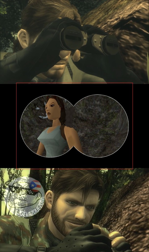 Solid Snake cuidando a Lara Croft - meme