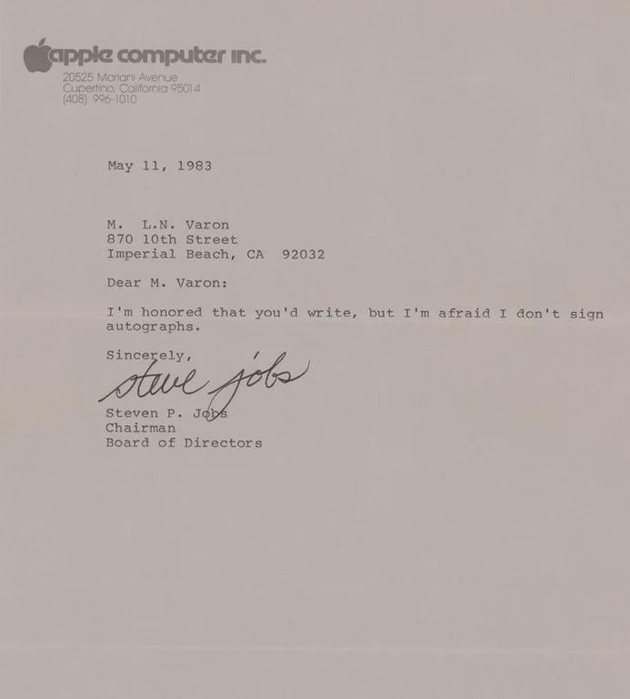 Steve Jobs typed letter to a fan who had requested a autograph from him, the letter ended up selling at auction for $400k - meme