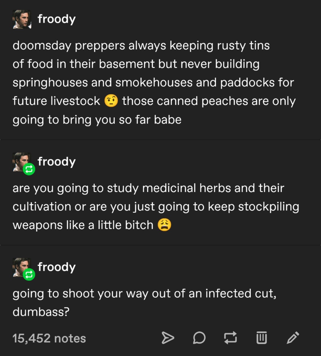 Doomsday preppers be hoarding peaches instead of skills - meme