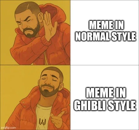 Meme in normal style vs meme in Ghibli AI chaos