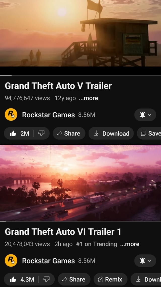 Gta 6 vs GTA 5 trailers on Youtube - meme