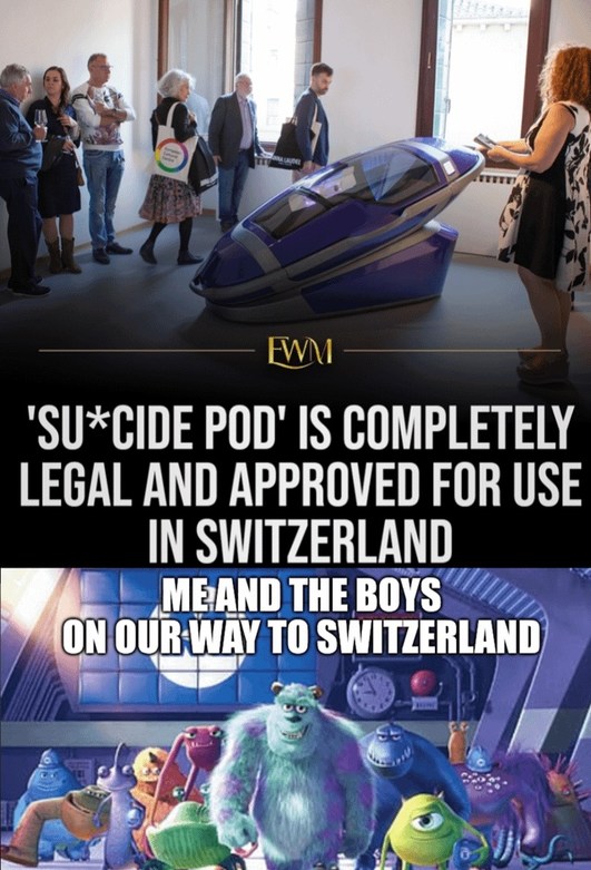 Su*cide pod is legal in Switzerland… the boys are booking flights - meme