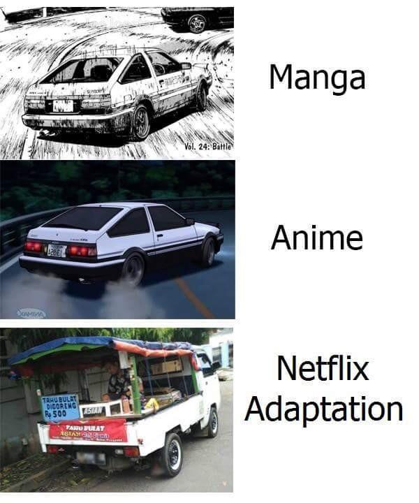 Manga vs anime vs Netflix adaptation - meme