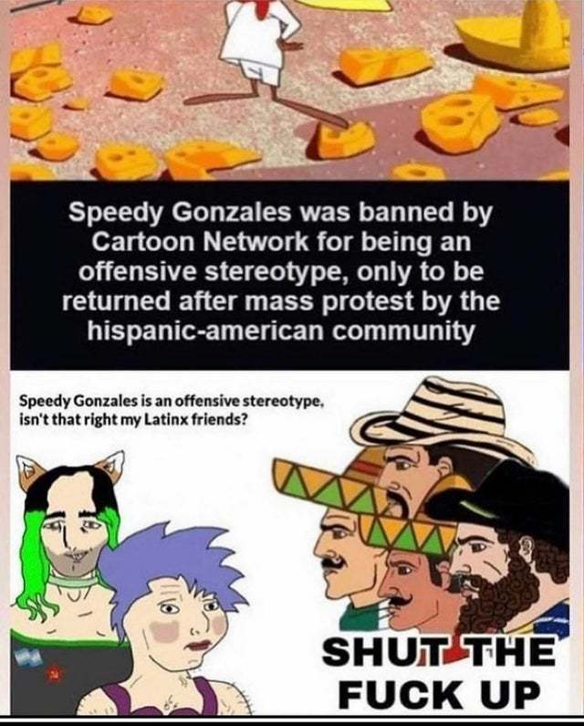 So isnt it racist since their basically saying " You cant show mexicans as speedy rats thats insensitive to their kind" saying that mexicans are speedy rats - meme