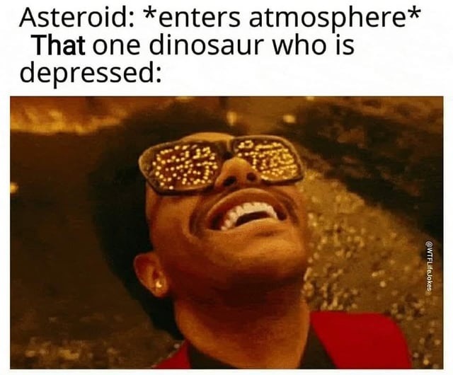 asteroid enters and one depressed dino is like finally - meme