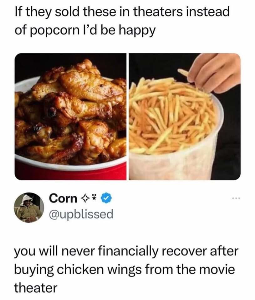 chicken wings instead of popcorn meme