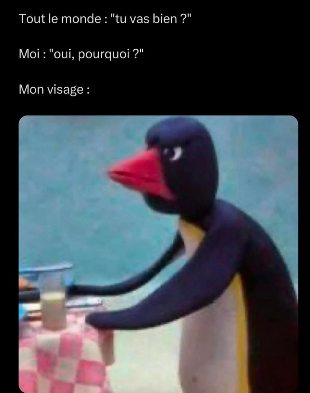 Moi : ça va. Mon visage : tout crie l'inverse - meme