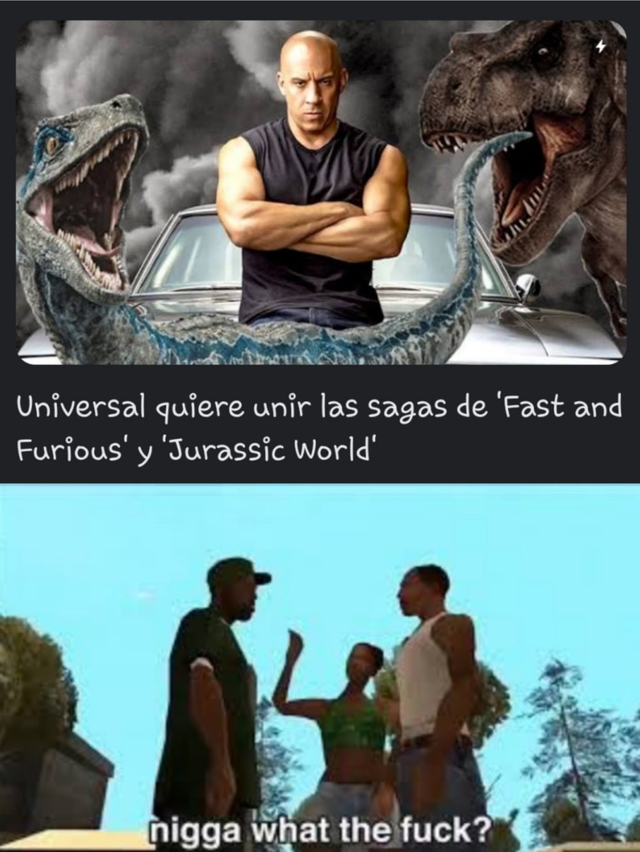 Unir un mundo de dinosaurios y carreras de autos... en serio - meme