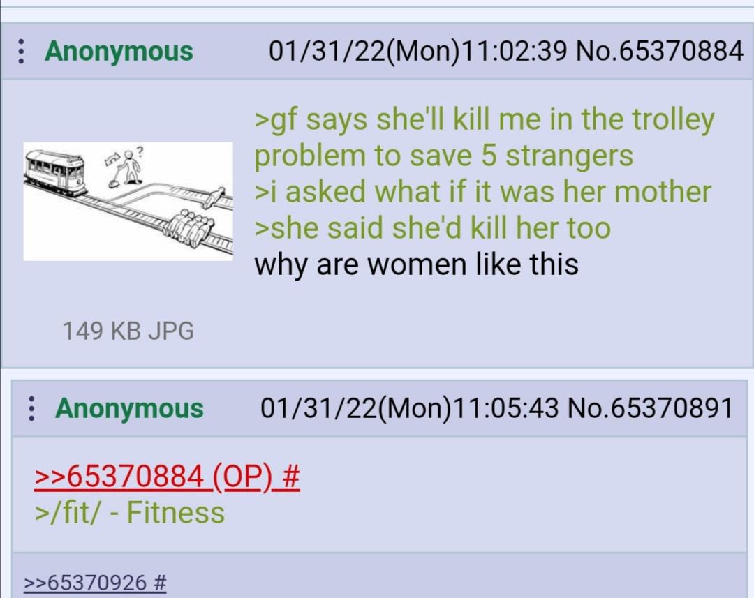 GF said she'd kill me *and* her mom in the trolley problem. Why - meme