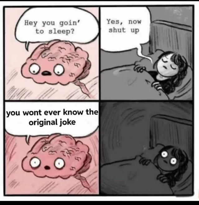 Trying to sleep but remembering you'll never know the original joke - meme