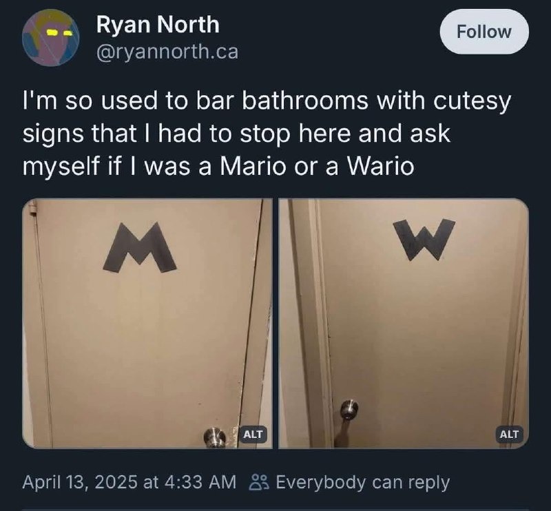 Bar bathroom signs got me asking if I'm Mario or Wario - meme