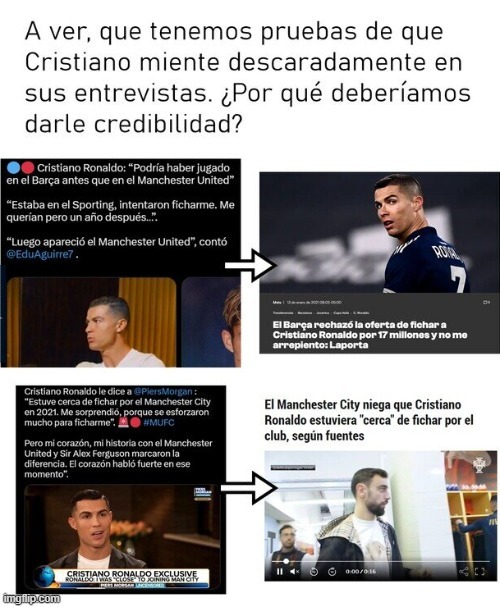 Cristiano ronaldo dice que podría haber fichado por el Barcelona y el Manchester city - meme