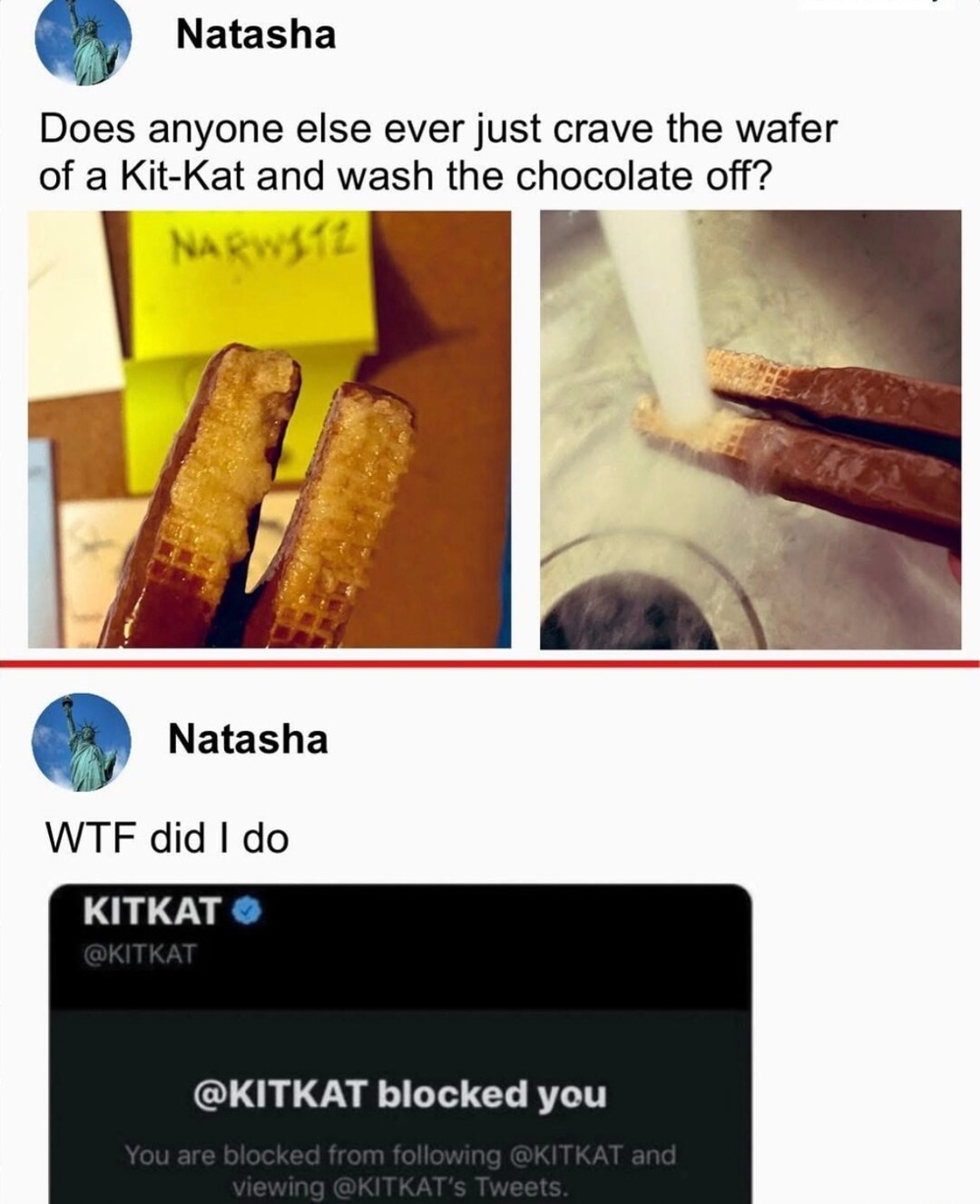 Blocked by KitKat for being a little too honest - meme