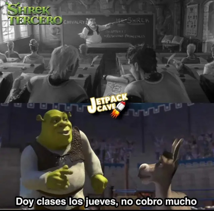 Si se preguntan la imagen de arriba es una escena eliminada de Shrek tercero donde Shrek y burro se quedarían más tiempo en la escuela de Arturo - meme