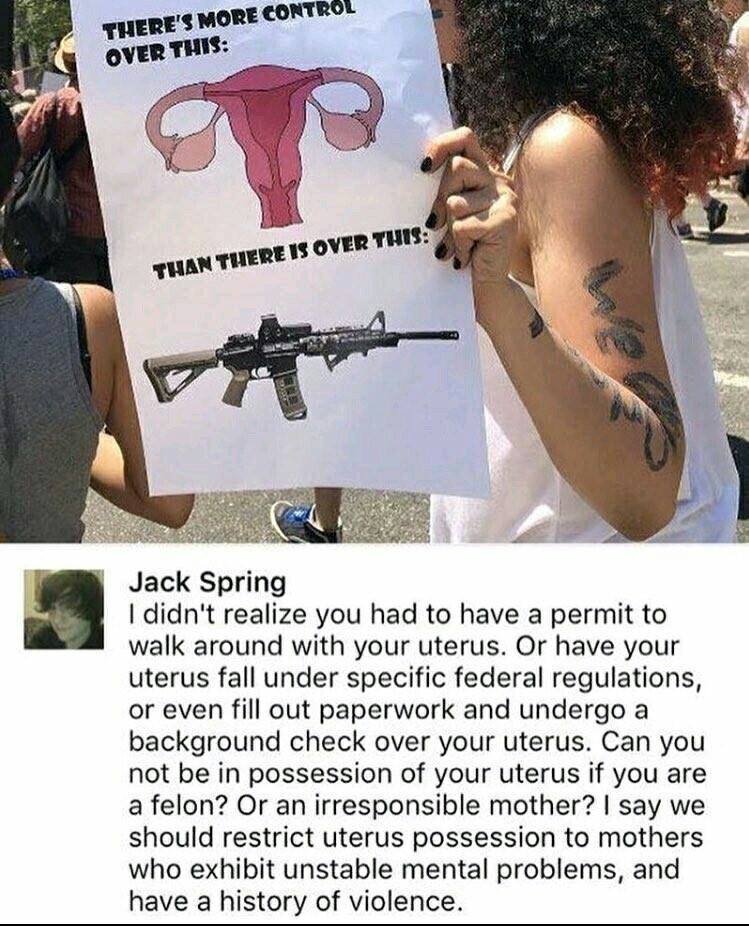 Feminism logic, equating guns with vagays - meme