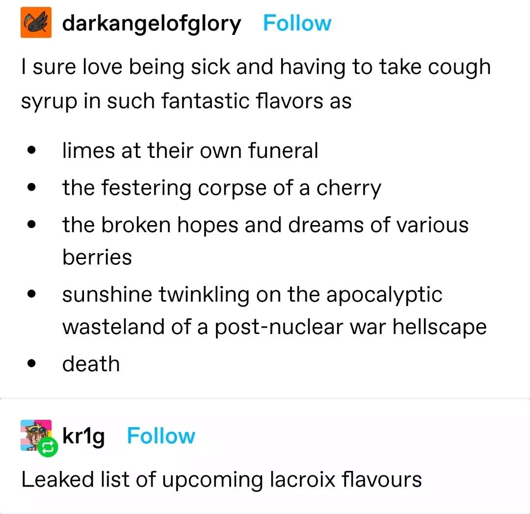 Cough syrup flavors by LaCroix - meme