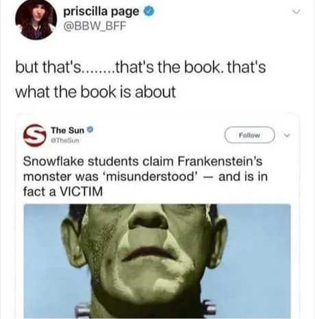 Knowledge is knowing that Frankenstein isn't the monster. Wisdom is realizing that Dr. Victor Frankenstein IS the monster - meme