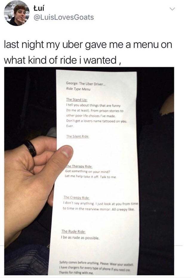 Last night my Uber gave me a menu on what kind of ride I wanted - meme