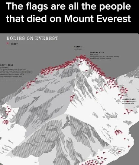 Each flag marks a soul lost on Everest. Brutal reminder - meme