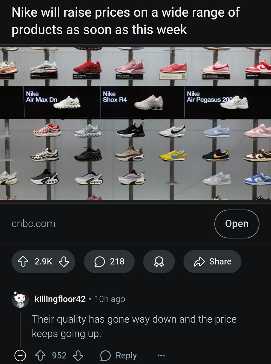nike raising prices again and quality still dropping - meme