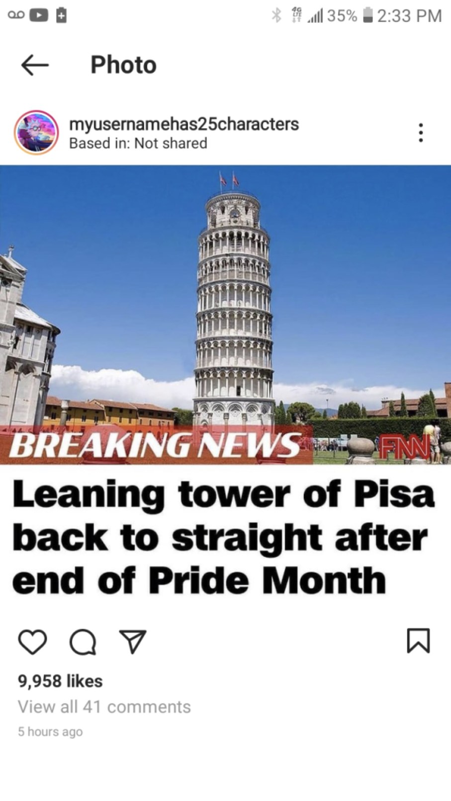 No longer leaning tower of Pisa - meme