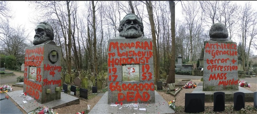 Tumulo do verme Karl Marx vandalizado (uma obra de arte na verdade) com as inscrições: "Memorial para o holocausto bolchevique = 66 milhões de mortos", "Arquiteto do genocidio", "Terror + opressão", "Assassino em massa". - meme