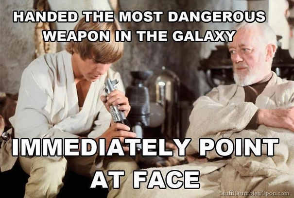 Just why? It's common sense to not point a weapon at your face - meme