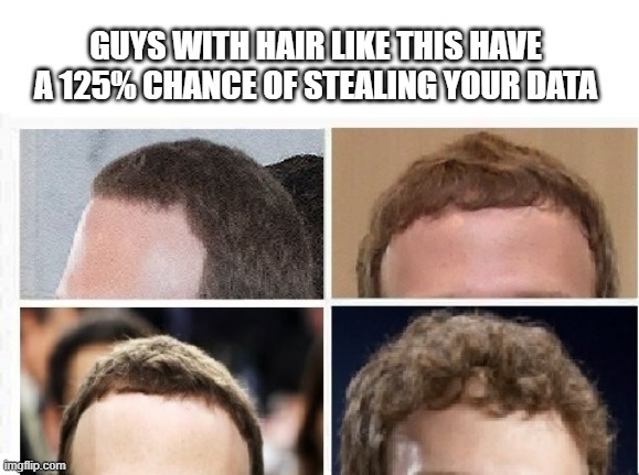 Guys with hair like this have a 125% chance of stealing your data! Zuckerberg edition - meme