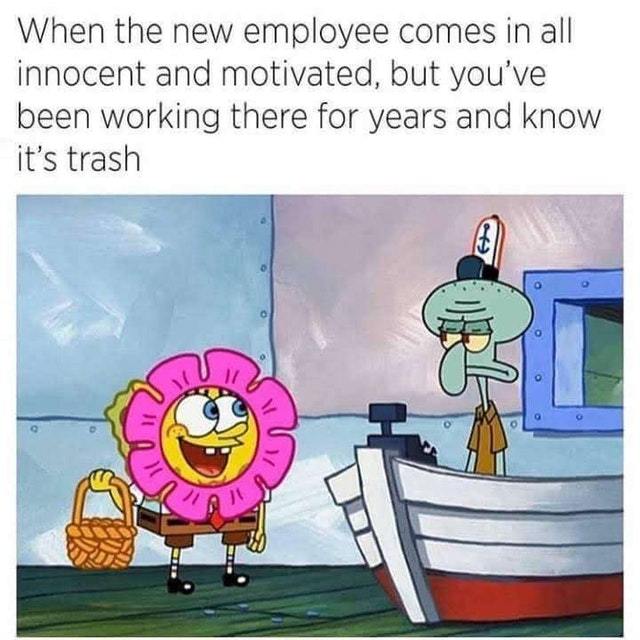 When the new employee comes motivated but you know the job is trash - meme
